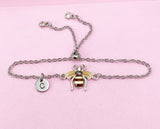 Silver Bee Bracelet, Beautiful Brown Bee Charm, Bolo Bracelets option, Personized Initial Bracelet, N4972A