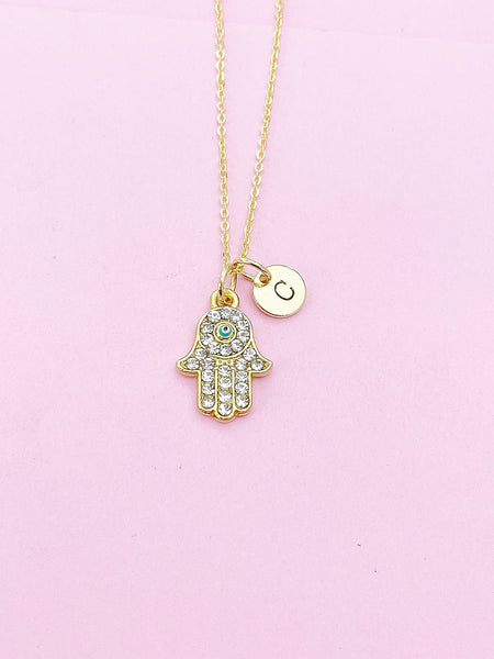 Gold Hamsa Hand with Evil Eye Charm Necklace, N5688