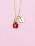 Gold Ladybug Charm Necklace, Initial Pendant, Christmas Gift