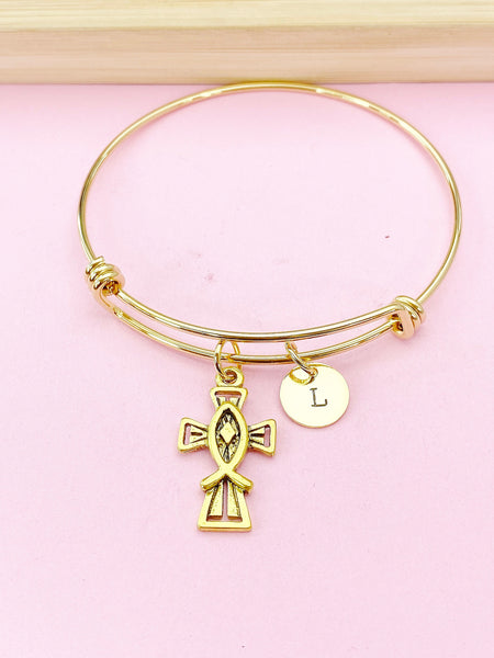 Gold Crucifix Cross Jesus Fish Charm Bracelet, N4595