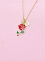 Gold Red Rose Charm Necklace, Red Rose Flower Jewelry, N608A