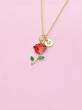 Gold Red Rose Necklace, Initial Charm, Floral Jewelry