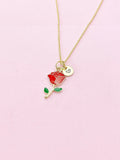 Gold Red Rose Charm Necklace, Red Rose Flower Jewelry, N608A