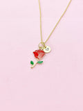 Gold Red Rose Necklace, Initial Charm, Floral Jewelry