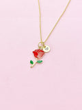 Gold Red Rose Necklace, Initial Charm, Floral Jewelry