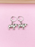 Silver Cow Charm Earrings, Hoop or Stud or Dangle Earrings in Option, N3335