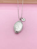 Flower Locket Necklace, Keepsake Photo Charm, Initial, Silver Tone