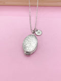 Flower Locket Necklace, Keepsake Photo Charm, Initial, Silver Tone