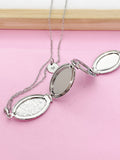 Flower Locket Necklace, Keepsake Photo Charm, Initial, Silver Tone