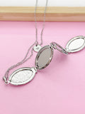 Flower Locket Necklace, Keepsake Photo Charm, Initial, Silver Tone