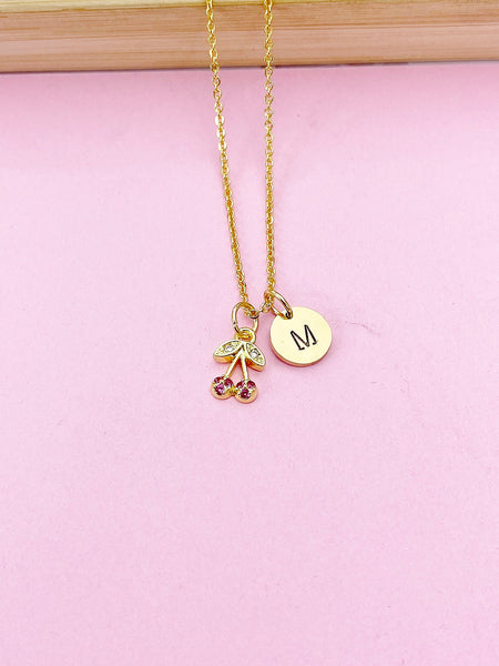 Gold Cherry Charm Necklace, Hot pink Cherry Necklace, Foodie Gift, Dainty Necklace, Personalized, N2652A
