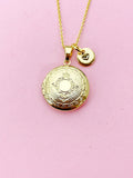 Gold Flower Locket Necklace, Custom Initial Charm, Keepsake Photo, N4050