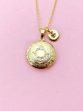 Gold Flower Locket Necklace, Custom Initial Charm, Keepsake Photo, N4050