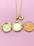 Gold Flower Locket Necklace, Custom Initial Charm, Keepsake Photo, N4050