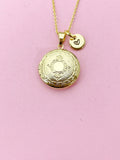Gold Flower Locket Necklace, Custom Initial Charm, Keepsake Photo, N4050