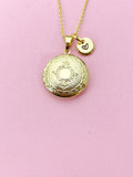 Gold Flower Locket Necklace, Custom Initial Charm, Keepsake Photo, N4050