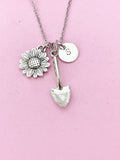 Sunflower Shovel Necklace, Initial Charm, Garden Jewelry