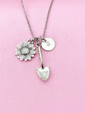 Sunflower Shovel Necklace, Initial Charm, Garden Jewelry