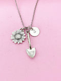 Sunflower Shovel Necklace, Initial Charm, Garden Jewelry