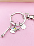 Silver Artist Palette Keychain, Paint Brush Charm, Initial Charm
