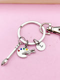Silver Artist Palette Keychain, Paint Brush Charm, Initial Charm