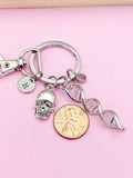 Silver DNA Skull Charm Keychain, DNA, Forensic Science Specialist, Scientist Gift, Doctor Gift, Researcher Gift, N4669A