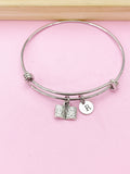 Silver Open Book Charm Bracelet, Initial Bangle, Bookworm Gift