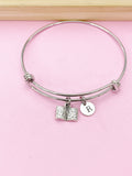 Silver Open Book Charm Bracelet, Initial Bangle, Bookworm Gift, N2643