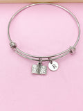 Silver Open Book Charm Bracelet, Initial Bangle, Bookworm Gift, N2643