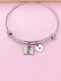 Silver Open Book Charm Bracelet, Initial Bangle, Bookworm Gift