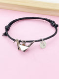 Silver Origami Crane Bracelet, Initial Charm, Leather Cord