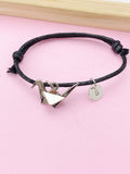 Silver Origami Crane Bracelet, Initial Charm, Leather Cord