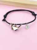 Silver Origami Crane Bracelet, Initial Charm, Leather Cord