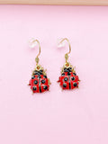 Gold Ladybug Dangle Earrings, Red Enamel Insect Charm