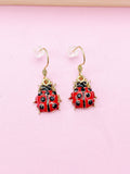 Gold Ladybug Dangle Earrings, Red Enamel Insect Charm