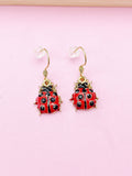 Gold Red Ladybug Earrings, Cute Red Black Ladybug Insect Dangle or Buggies Hoop Earrings, N3242