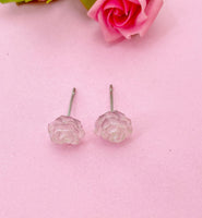 Pink Rose Flower Stud Earrings, Surgical Stainless Steel, N5694F