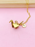 Gold Crane Necklace, Origami Bird, Initial Charm