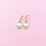 Gold Blue Cupcake Charm Earrings, Bakery Shop Jewelry Gifts, N3219A