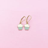 Gold Blue Cupcake Charm Earrings, Bakery Shop Jewelry Gifts, N3219A