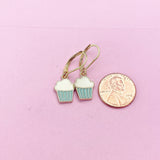 Gold Blue Cupcake Charm Earrings, Bakery Shop Jewelry Gifts, N3219A