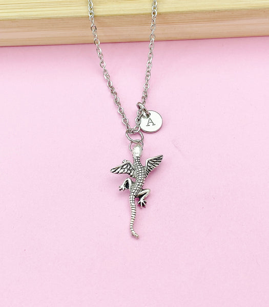 Silver Flying Lizards Charm Necklace, Flying Dargon, Gecko with Wings Charm, N5699