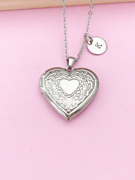 Stainless Steel Heart Flower Locket Pendant Necklace, Tarnish Resistant, Keepsake Photo Frame Charm, Personalized Customized, N1782A