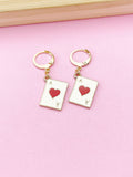 Gold Ace of Heart Earrings, Red Heart Poker Card Jewelry, Red Hear Ace Play Card Jewelry, N3251