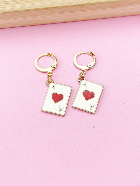 Gold Ace of Heart Earrings, Red Heart Poker Card Jewelry, Red Hear Ace Play Card Jewelry, N3251