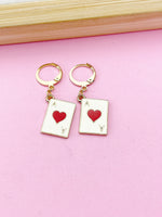 Gold Ace of Heart Earrings, Red Heart Poker Card Jewelry, Red Hear Ace Play Card Jewelry, N3251