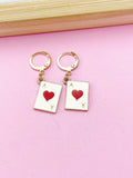 Gold Ace of Heart Earrings, Red Heart Poker Card Jewelry, Red Hear Ace Play Card Jewelry, N3251