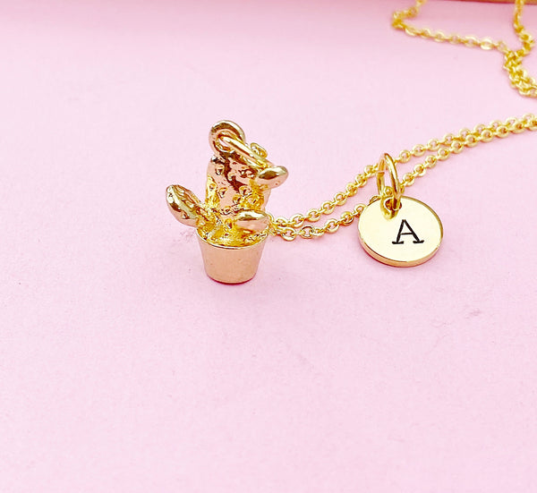 Gold Cactus Pot Charm Necklace Plant Biologist School Student Gifts Ideas Personalized Customized Made to Order, N5501