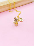 Gold Cactus Pot Charm Necklace Plant Biologist School Student Gifts Ideas Personalized Customized Made to Order, N5501