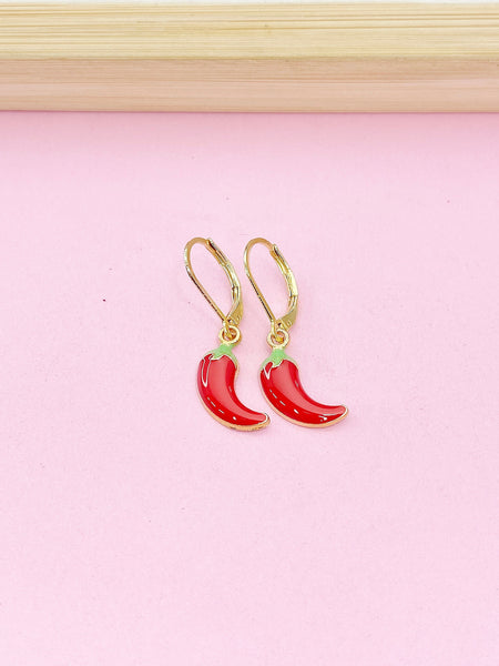 Red Hot Chili Pepper Earrings, Hypoallergenic, Dangle Hoop Lever-back Earrings, N4713
